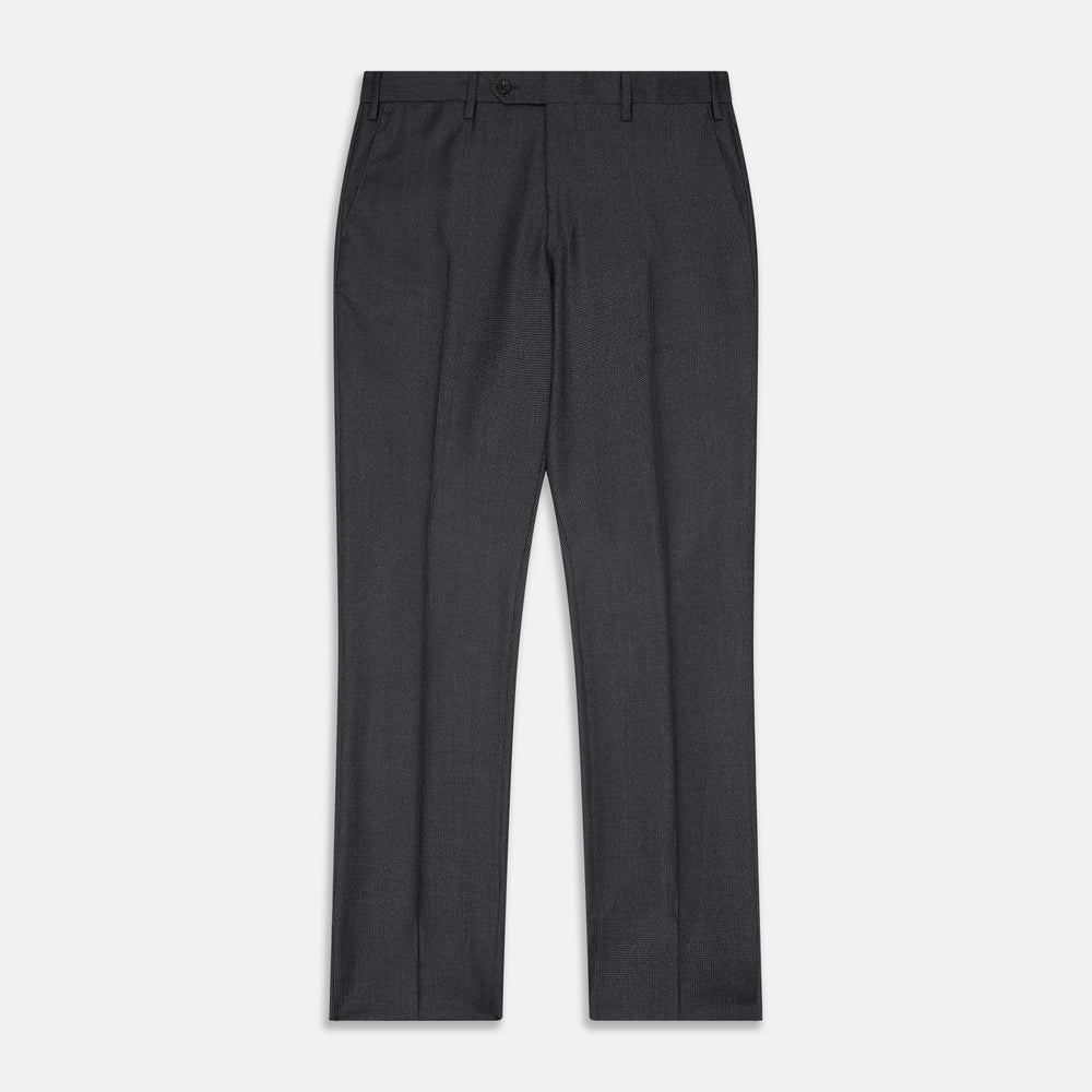 Turnbull & Asser Charcoal Houndstooth Flannel Trousers with a straight-leg cut, front zipper, button closure, belt loops, and side pockets, shown laid flat on a white background.