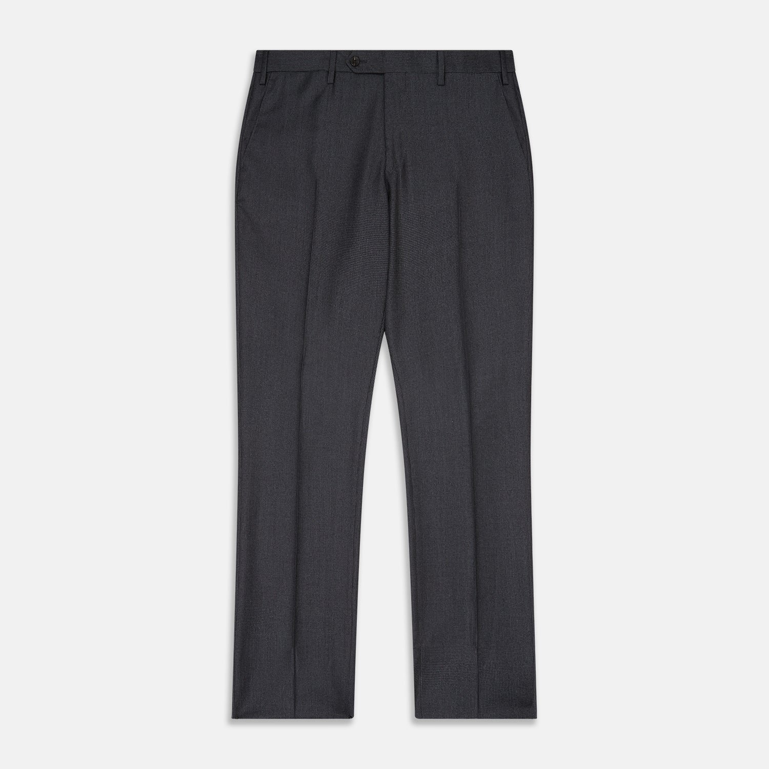 View 1 of product Turnbull & Asser Charcoal Houndstooth Flannel Trousers with a straight-leg cut, front zipper, button closure, belt loops, and side pockets, shown laid flat on a white background.