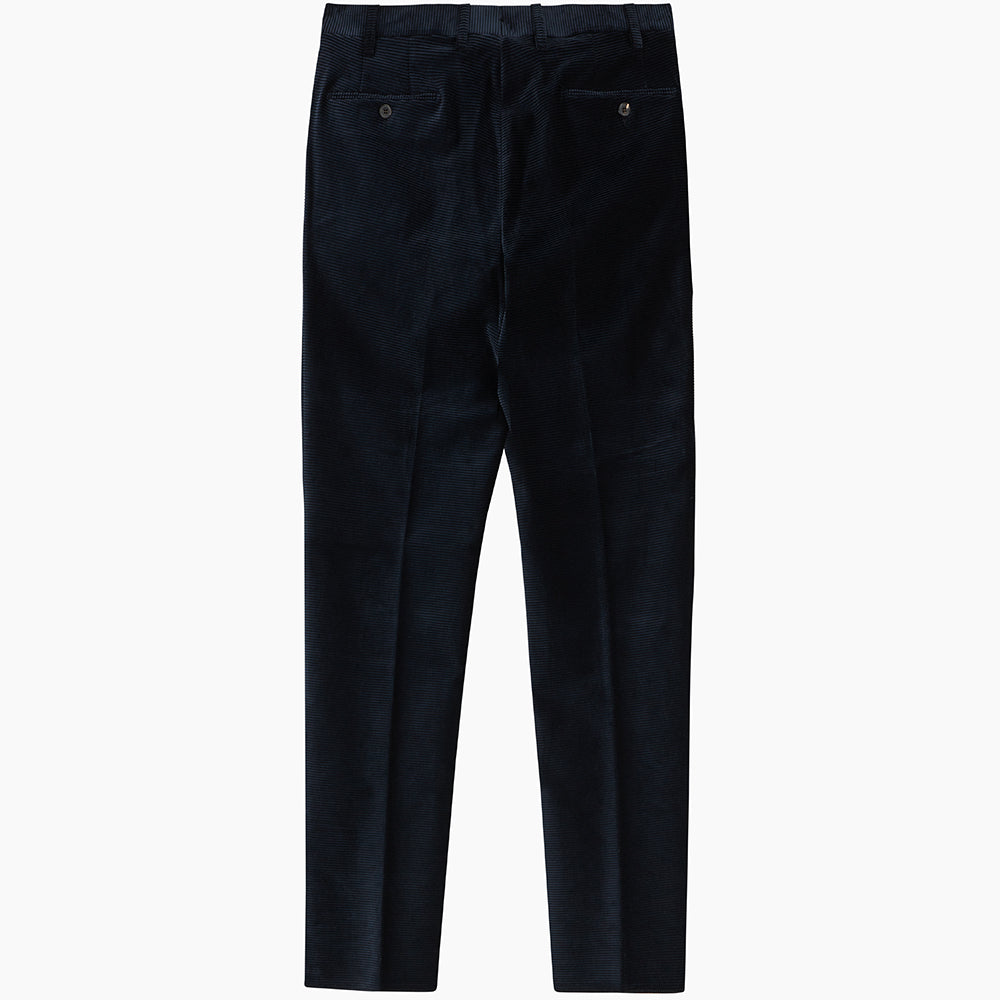 Turnbull & Asser Navy Horizontal Cord Trousers in pure cotton feature a straight-leg fit, side pockets, and button closure, shown against a plain light gray background.