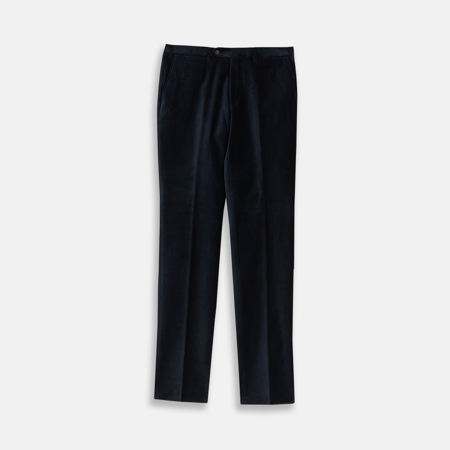 View 1 of product Turnbull & Asser Navy Horizontal Cord Trousers in pure cotton feature a straight-leg fit, side pockets, and button closure, shown against a plain light gray background.