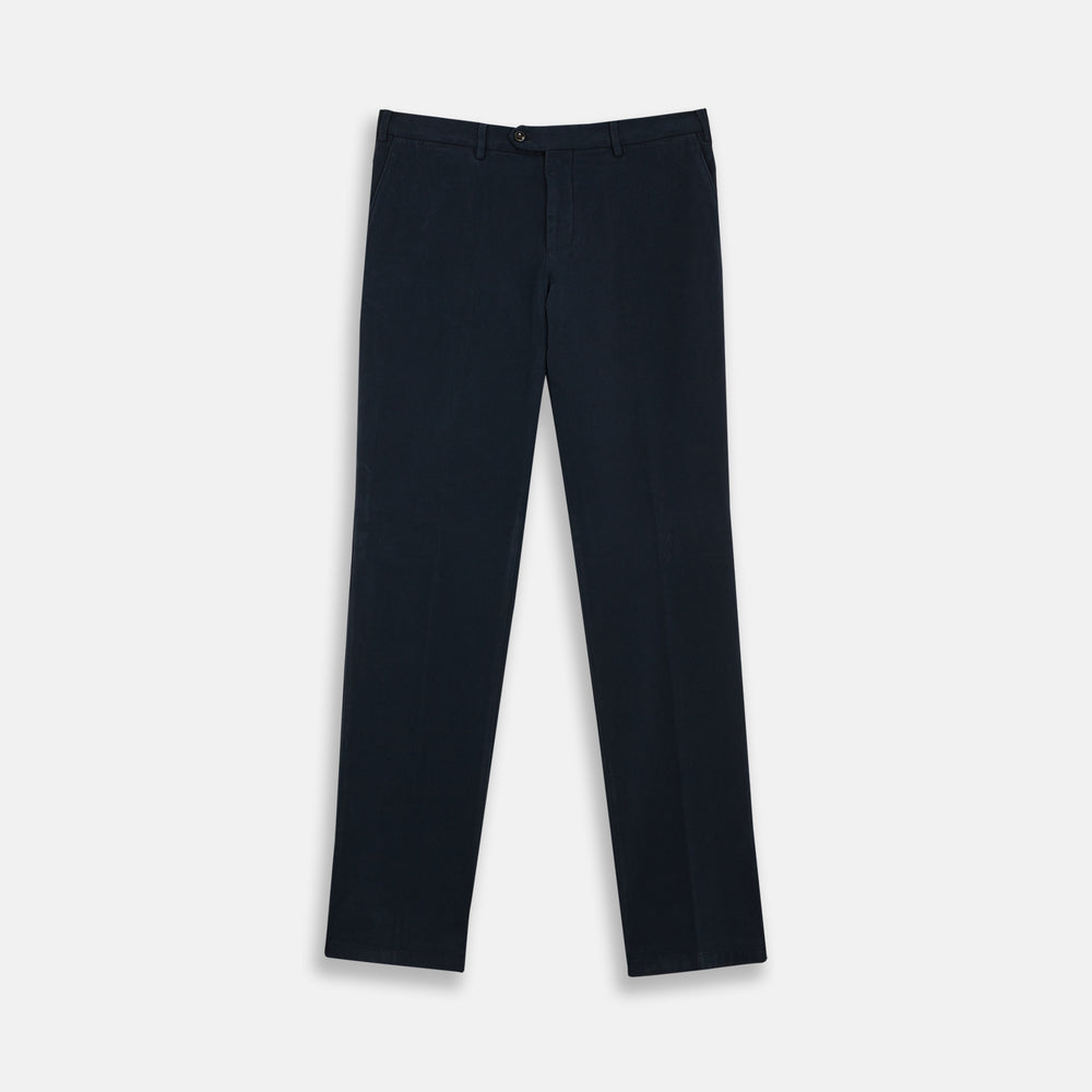 Turnbull & Asser Navy Cotton Chinos—plain, straight-leg trousers with button closure and belt loops, tailored in Italy and featured against a white background.
