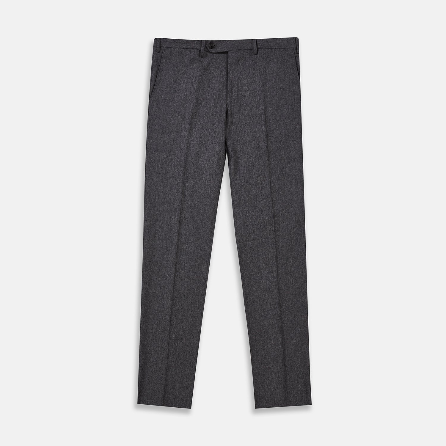 View 1 of product The Turnbull & Asser Charcoal Flannel Trousers feature a tailored fit, button and zipper closure, front pockets, and belt loops, crafted from fine Italian wool flannel and displayed flat on a white background.