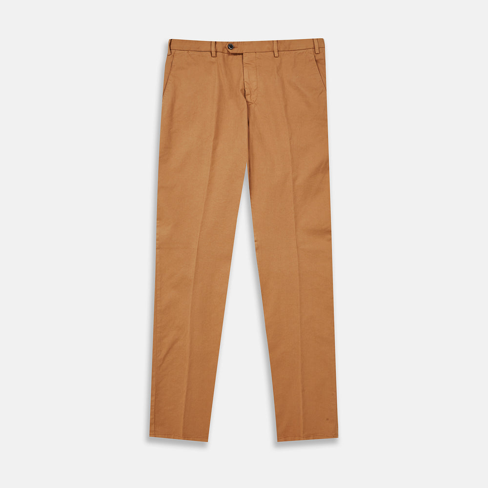 The Tan Garment Dyed Cotton Chinos from Turnbull & Asser, crafted from Italian cotton twill with belt loops, front pockets, and a button closure, are shown laid flat on a white background.