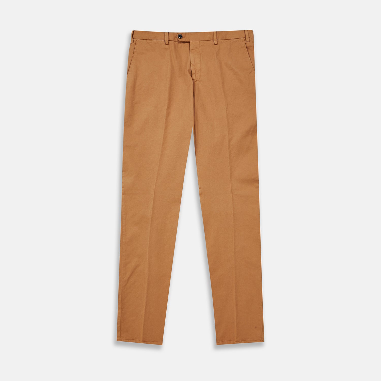 View 1 of product The Tan Garment Dyed Cotton Chinos from Turnbull & Asser, crafted from Italian cotton twill with belt loops, front pockets, and a button closure, are shown laid flat on a white background.