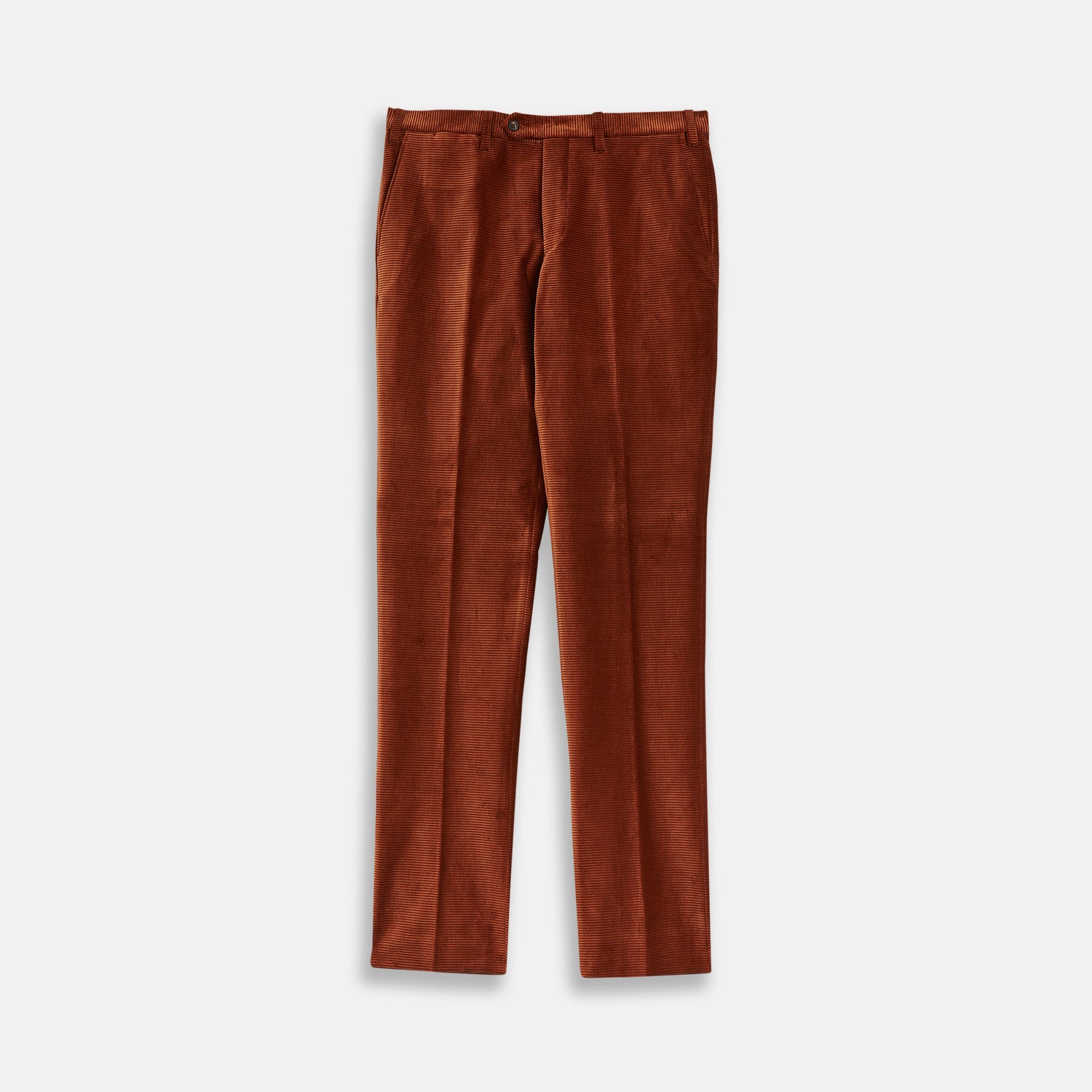 View 1 of product Turnbull & Asser’s Rust Horizontal Cord Trousers feature a straight-leg cut, front pockets, and button closure. Made from heavy-weight corduroy, these trousers are shown laid flat on a white background.