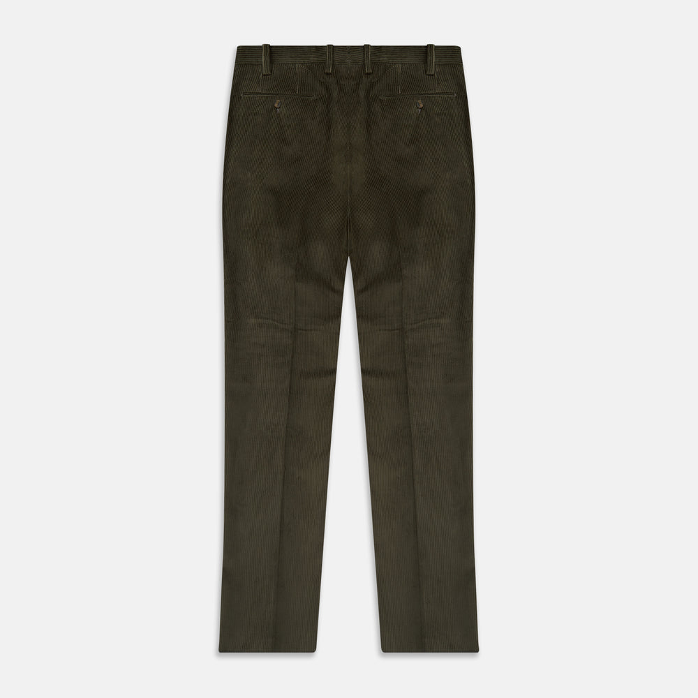Turnbull & Asser's Olive Green Corduroy Trousers feature a straight leg, front button and zip closure, belt loops, and pressed creases—an essential piece for any men's wardrobe, shown against a white background.