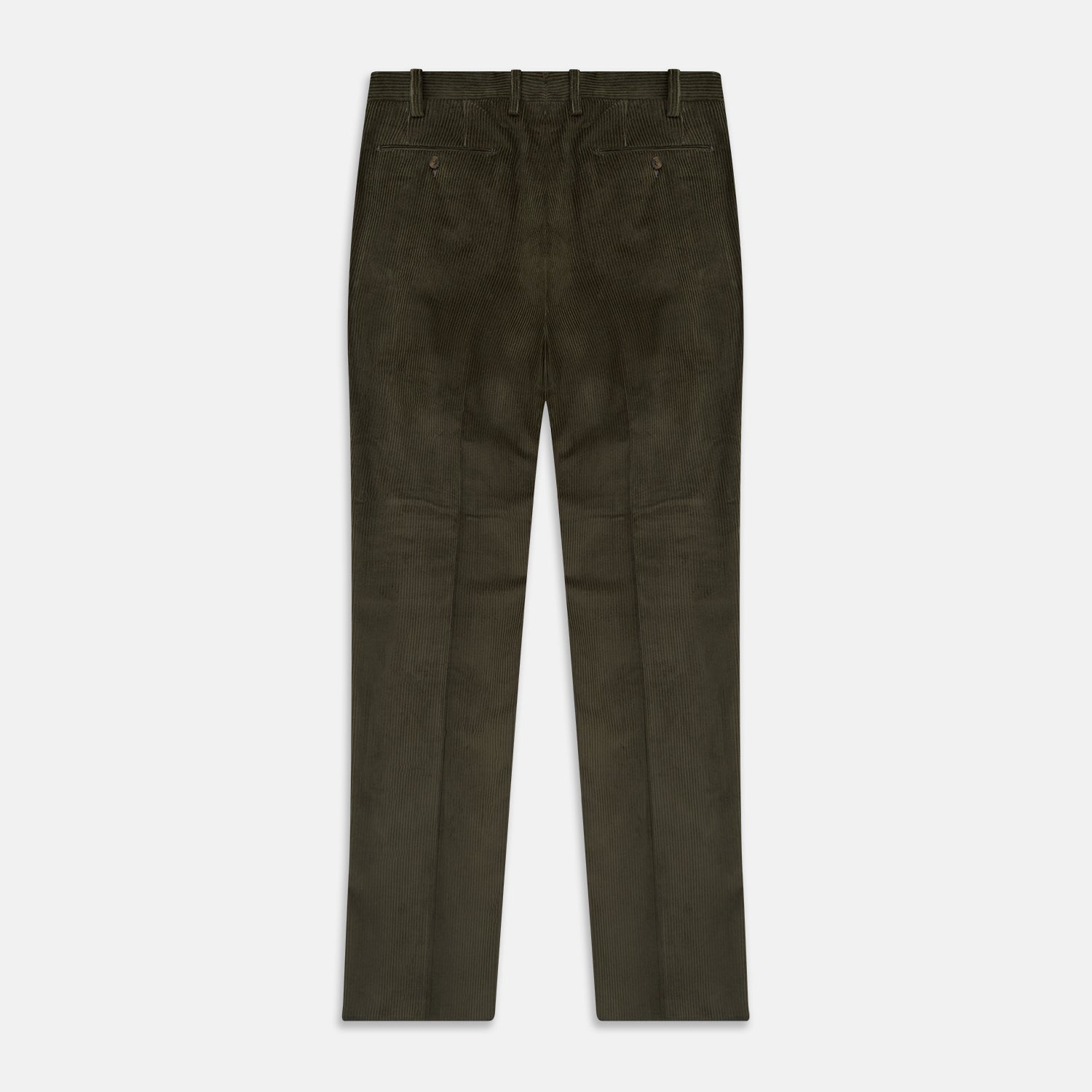 View 3 of product Turnbull & Asser's Olive Green Corduroy Trousers feature a straight leg, front button and zip closure, belt loops, and pressed creases—an essential piece for any men's wardrobe, shown against a white background.