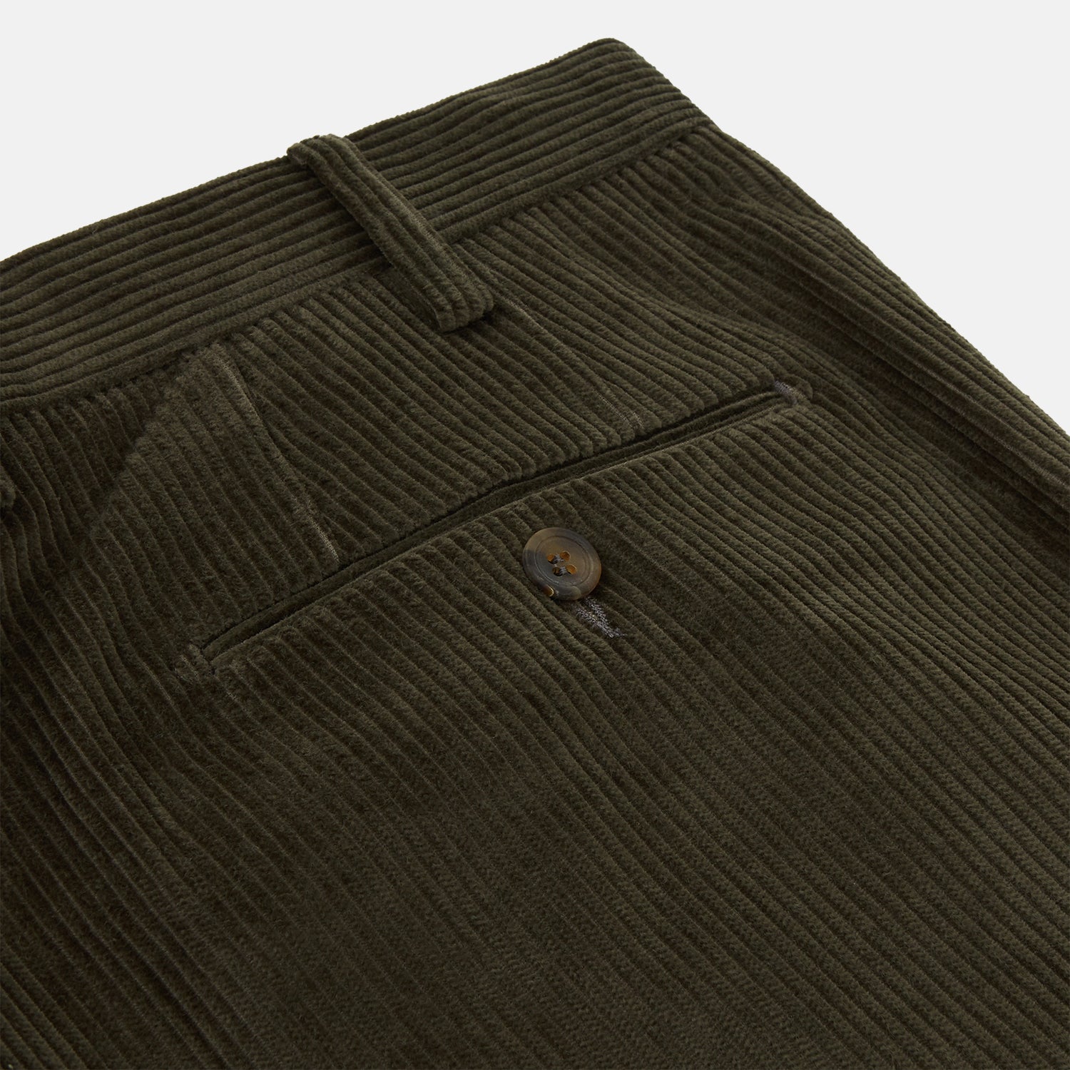 View 2 of product Turnbull & Asser's Olive Green Corduroy Trousers feature a straight leg, front button and zip closure, belt loops, and pressed creases—an essential piece for any men's wardrobe, shown against a white background.