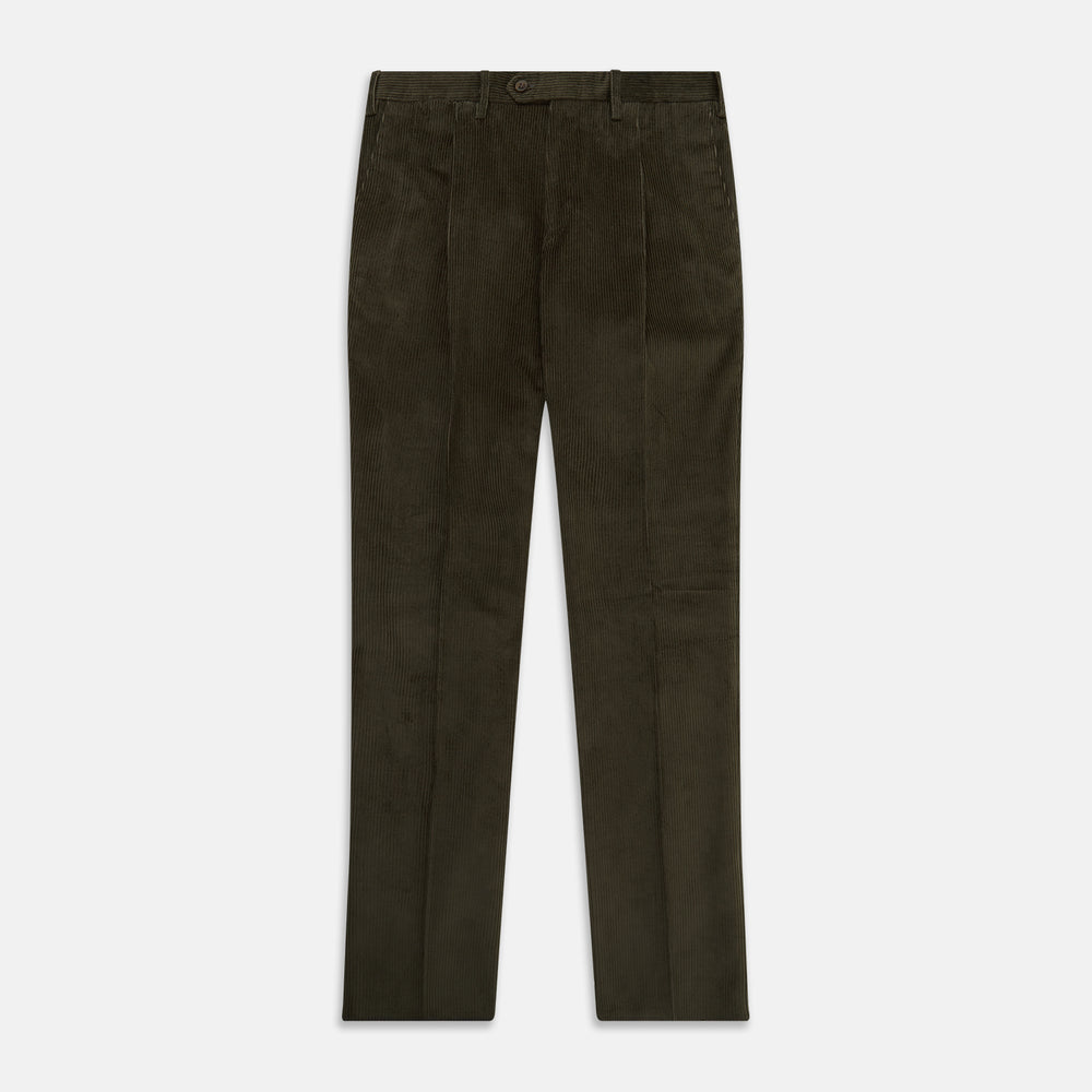 Turnbull & Asser's Olive Green Corduroy Trousers feature a straight leg, front button and zip closure, belt loops, and pressed creases—an essential piece for any men's wardrobe, shown against a white background.