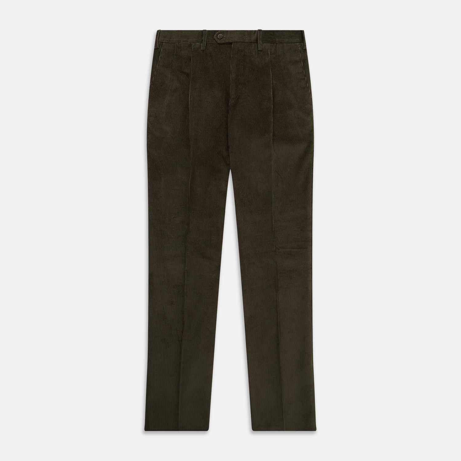 View 1 of product Turnbull & Asser's Olive Green Corduroy Trousers feature a straight leg, front button and zip closure, belt loops, and pressed creases—an essential piece for any men's wardrobe, shown against a white background.