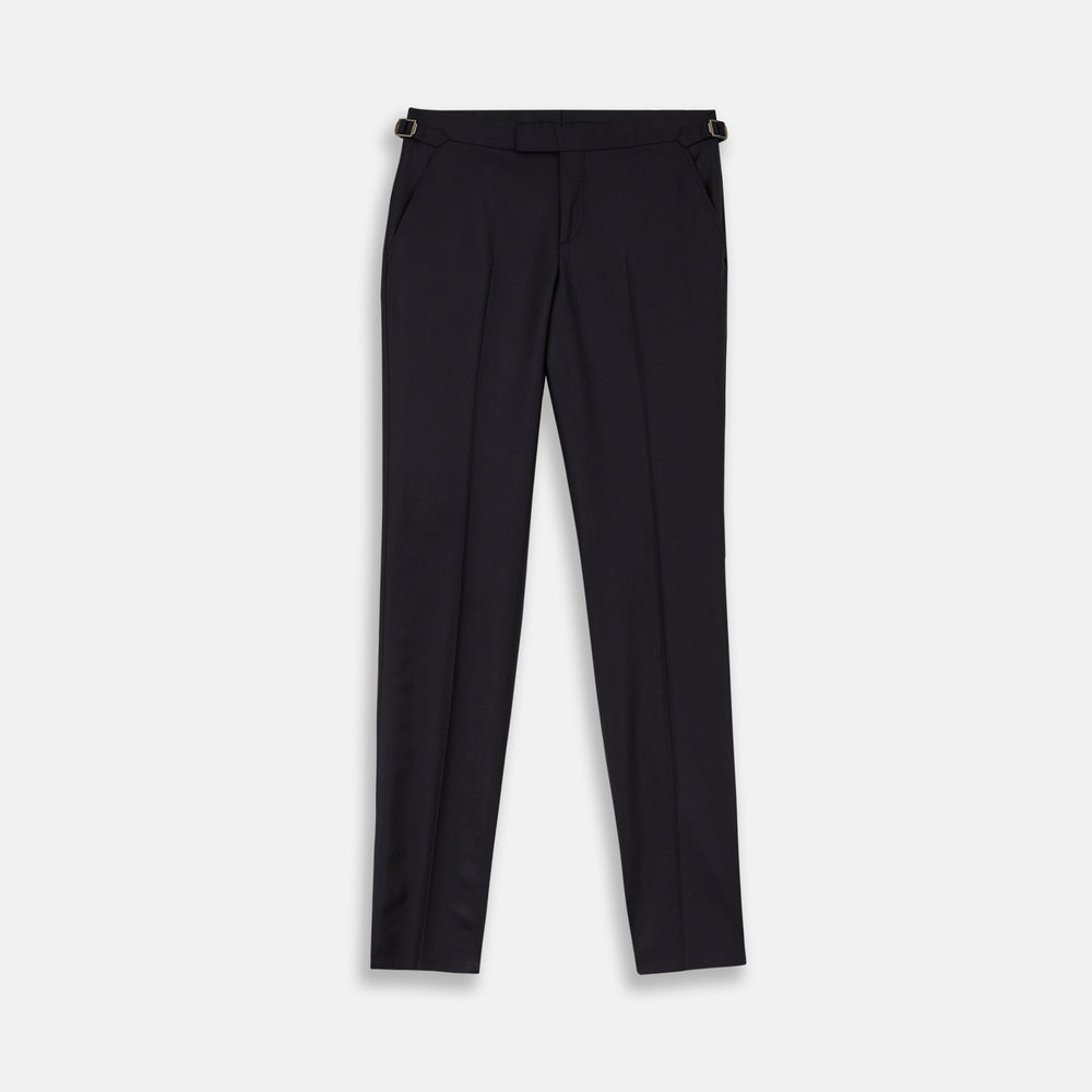 A pair of navy Escorial wool trousers by Turnbull & Asser, featuring a tailored style, straight-leg fit, front crease, belt loops, side pockets, and metal buckle details on the waistband, shown against a white background.