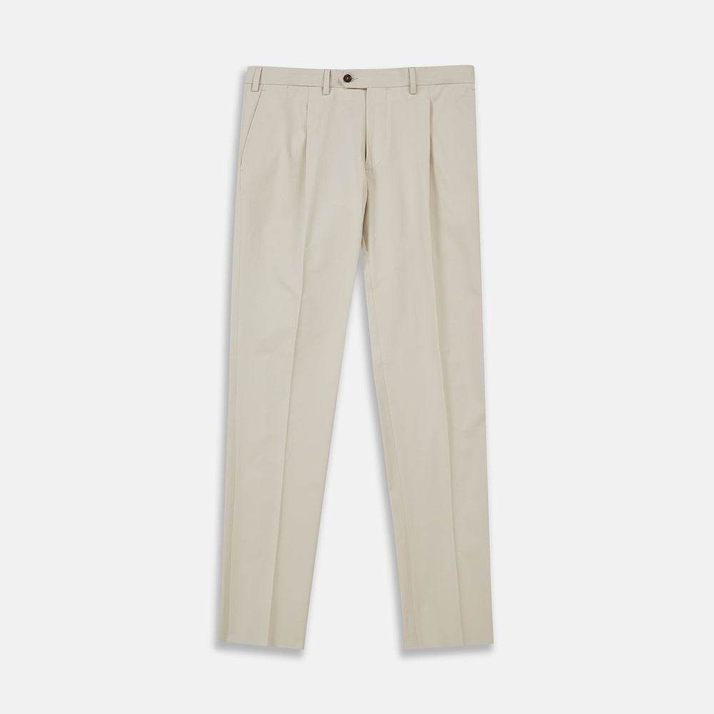 Turnbull & Asser's Stone Cotton Twill Pleated Trousers feature a relaxed fit, front pleats, side pockets, belt loops, and button closure, shown laid flat on a white background.