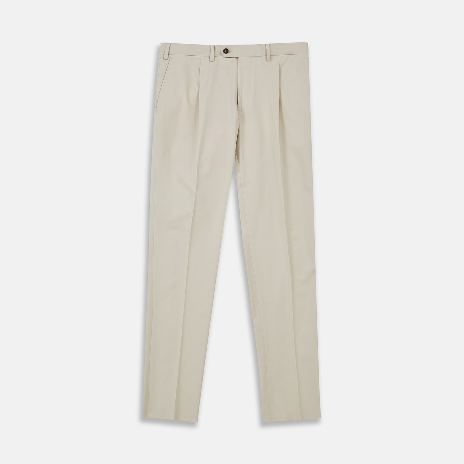 View 1 of product Turnbull & Asser's Stone Cotton Twill Pleated Trousers feature a relaxed fit, front pleats, side pockets, belt loops, and button closure, shown laid flat on a white background.