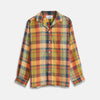 View 1 of product Turnbull & Asser's Orange Madras Check Holiday Fit Long Sleeve Linen Shirt features a bold plaid in orange, yellow, green, and blue with a revere collar and 1-button cuff—ideal for effortless holiday style. Laid flat on white background.
