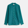 View 1 of product The Turnbull & Asser Teal Weekend Fit Long Sleeve Linen Shirt features a stand collar, 1-button cuffs, white buttons, and a relaxed fit, shown on a plain white background.