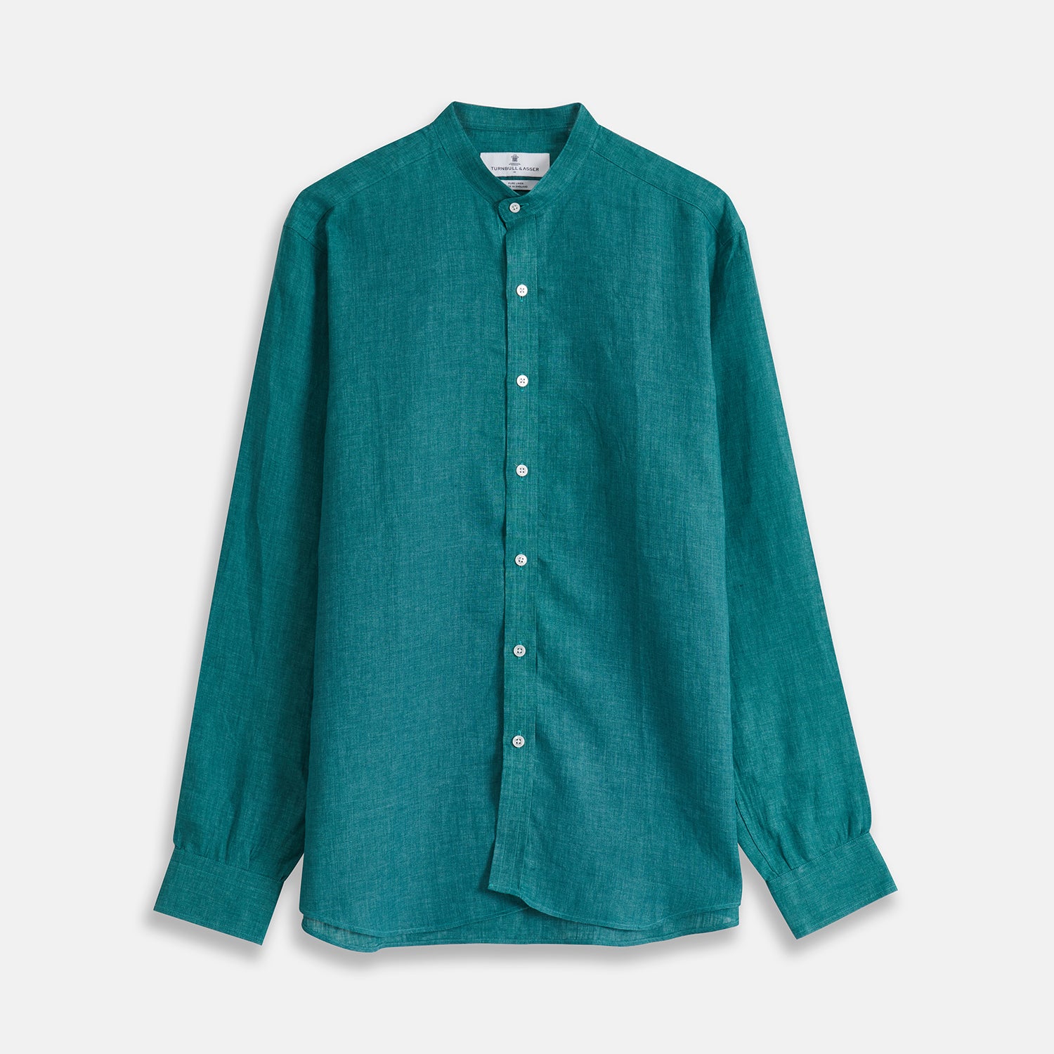 View 1 of product The Turnbull & Asser Teal Weekend Fit Long Sleeve Linen Shirt features a stand collar, 1-button cuffs, white buttons, and a relaxed fit, shown on a plain white background.