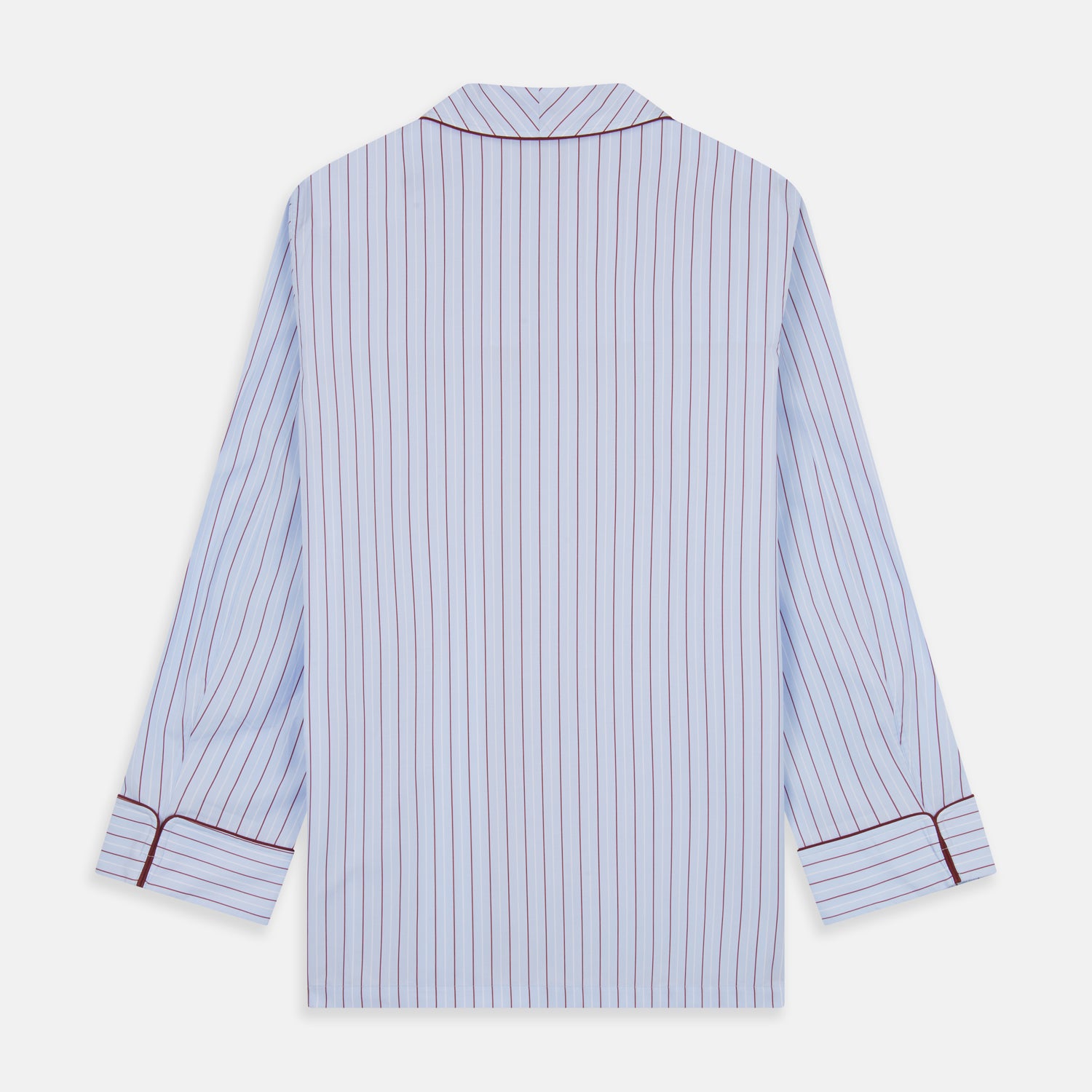 View 8 of product The Turnbull & Asser Burgundy Stripe Classic Pyjama Set features long sleeves, a button-up top with red piping, matching drawstring pants, and a traditional fit. Laid flat, it's luxury loungewear in signature burgundy stripes.