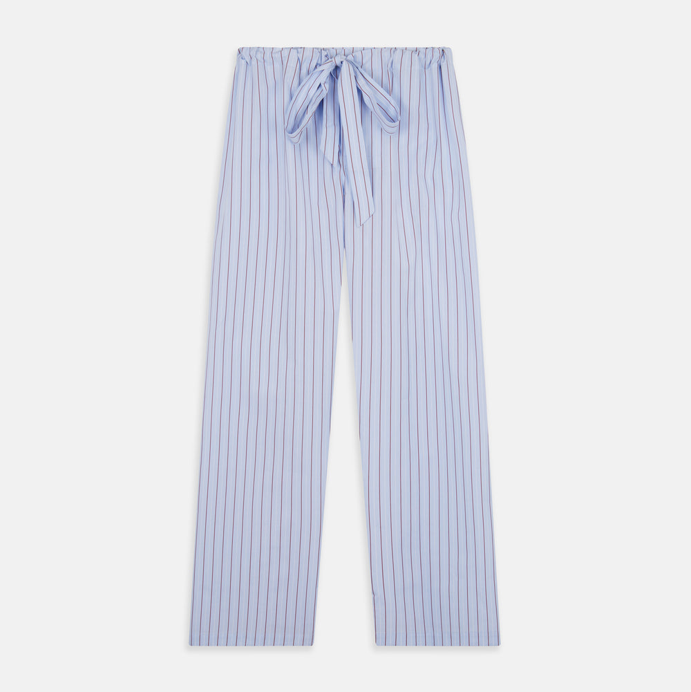 The Turnbull & Asser Burgundy Stripe Classic Pyjama Set features long sleeves, a button-up top with red piping, matching drawstring pants, and a traditional fit. Laid flat, it's luxury loungewear in signature burgundy stripes.