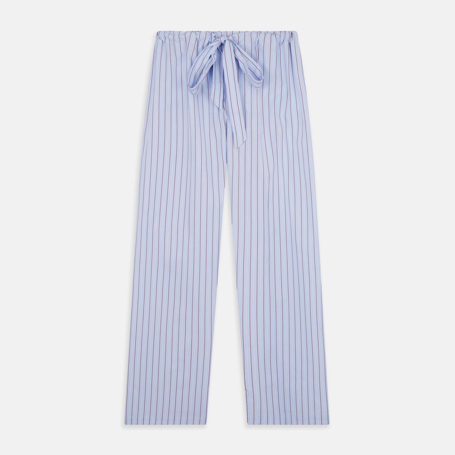 View 5 of product The Turnbull & Asser Burgundy Stripe Classic Pyjama Set features long sleeves, a button-up top with red piping, matching drawstring pants, and a traditional fit. Laid flat, it's luxury loungewear in signature burgundy stripes.