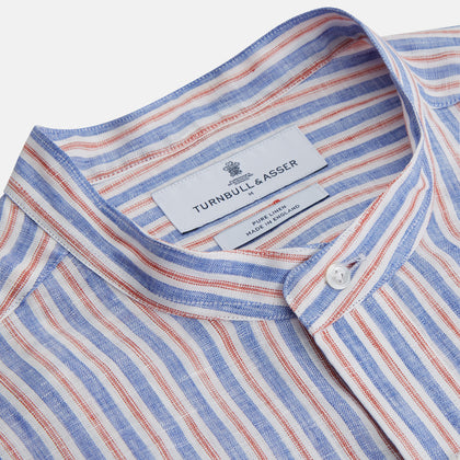 Blue & Red Linen Stripe Weekend Fit Shirt with Stand Collar Image 1
