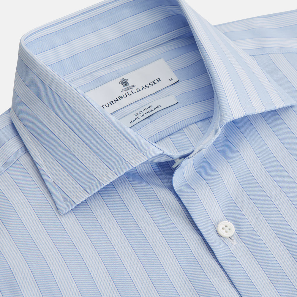 The Turnbull & Asser Tonal Blue Stripe Tailored Fit Shirt with Kent Collar features long sleeves and a button-up front, shown laid flat against a white background.
