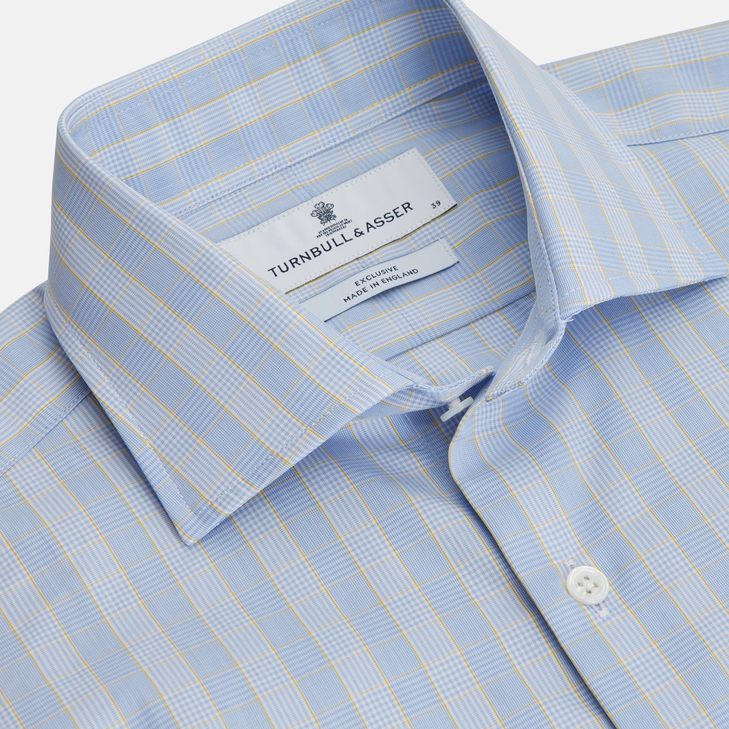 View 3 of product A Yellow and Blue Glen Check Tailored Fit Shirt by Turnbull & Asser, featuring a Kent collar, displayed flat on a white background.