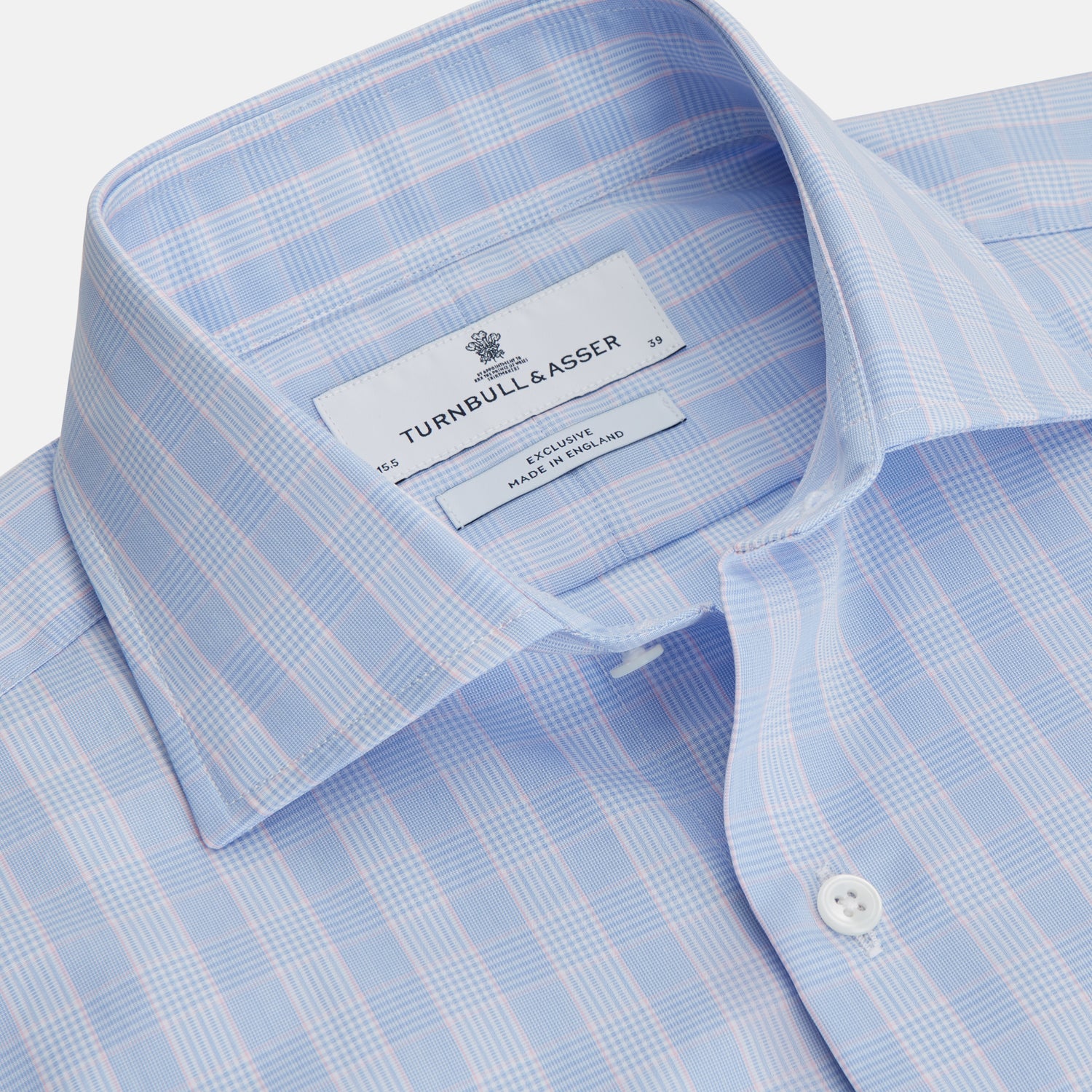 View 2 of product Turnbull & Asser Pink and Blue Glen Check Tailored Fit Shirt with a Kent Collar, laid flat on a white background.