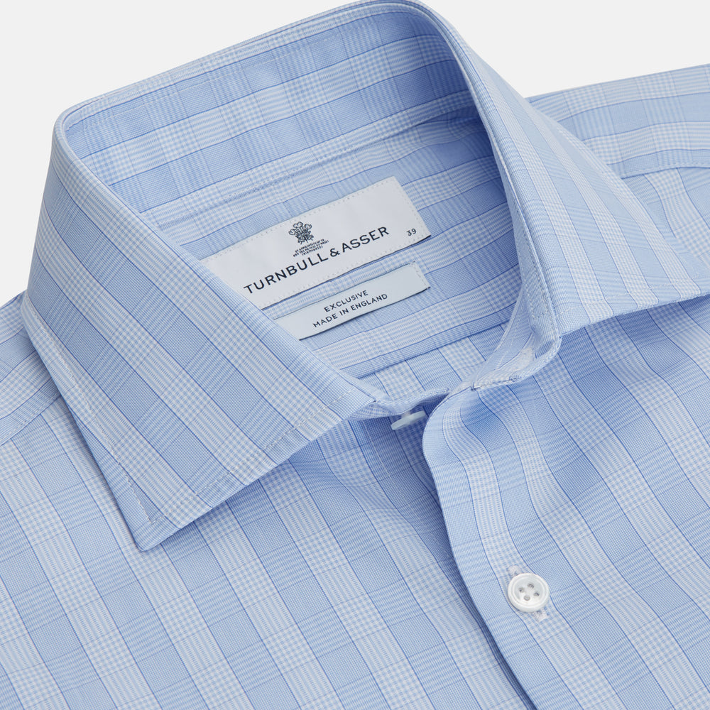 The Tonal Blue Glen Check Tailored Fit Shirt by Turnbull & Asser features a Kent collar and white buttons, crafted from fine Italian cotton poplin for a refined look. Displayed flat on a white background.