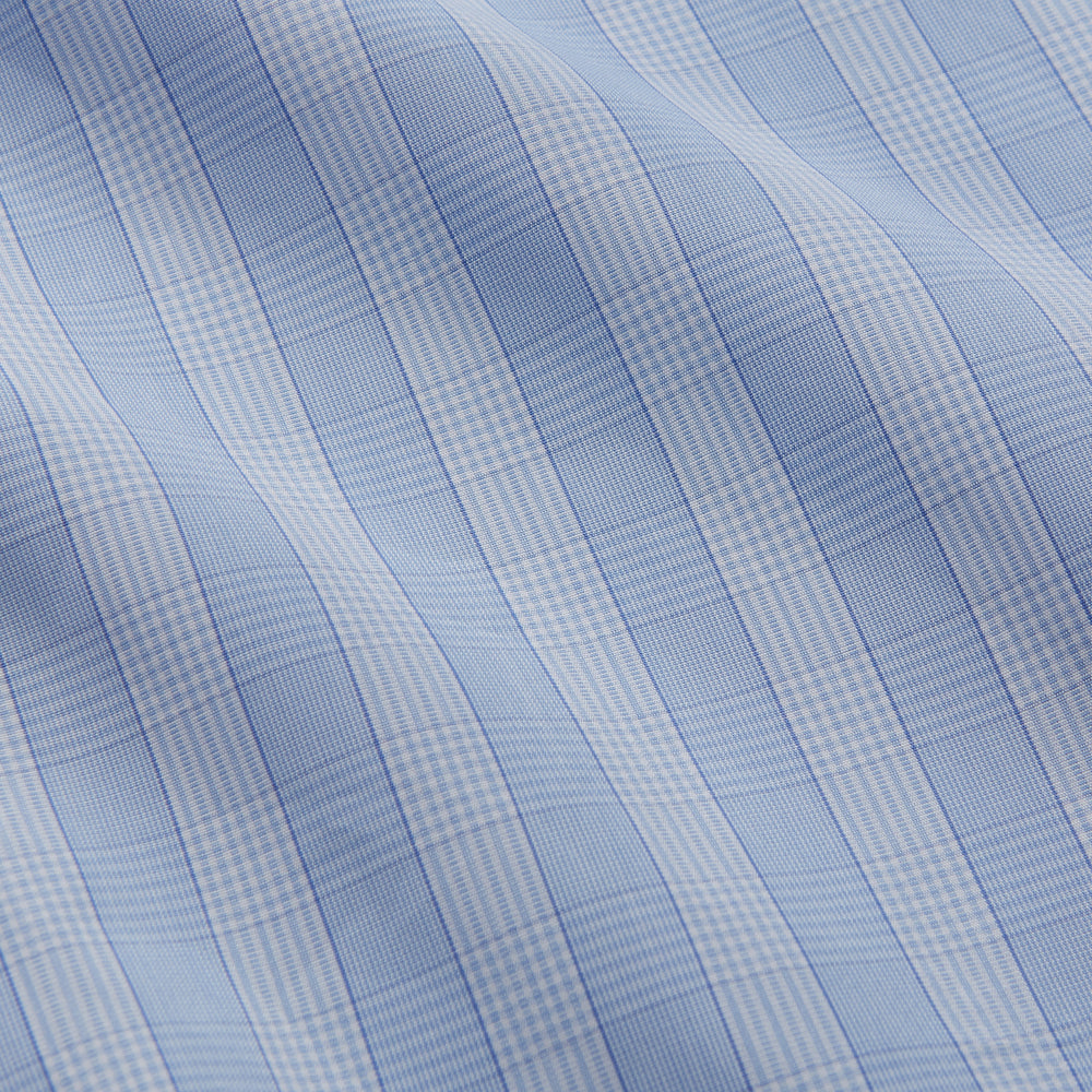 The Tonal Blue Glen Check Tailored Fit Shirt by Turnbull & Asser features a Kent collar and white buttons, crafted from fine Italian cotton poplin for a refined look. Displayed flat on a white background.