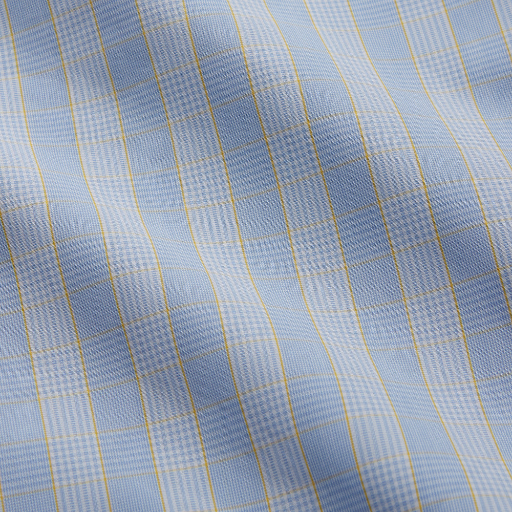 A Yellow and Blue Glen Check Tailored Fit Shirt by Turnbull & Asser, featuring a Kent collar, displayed flat on a white background.
