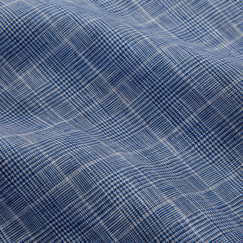 The Indigo Linen Glen Check Weekend Fit Shirt with Derby Collar by Turnbull & Asser is a light blue, long-sleeve checked linen shirt, featuring a subtle white plaid pattern and shown against a plain white background.