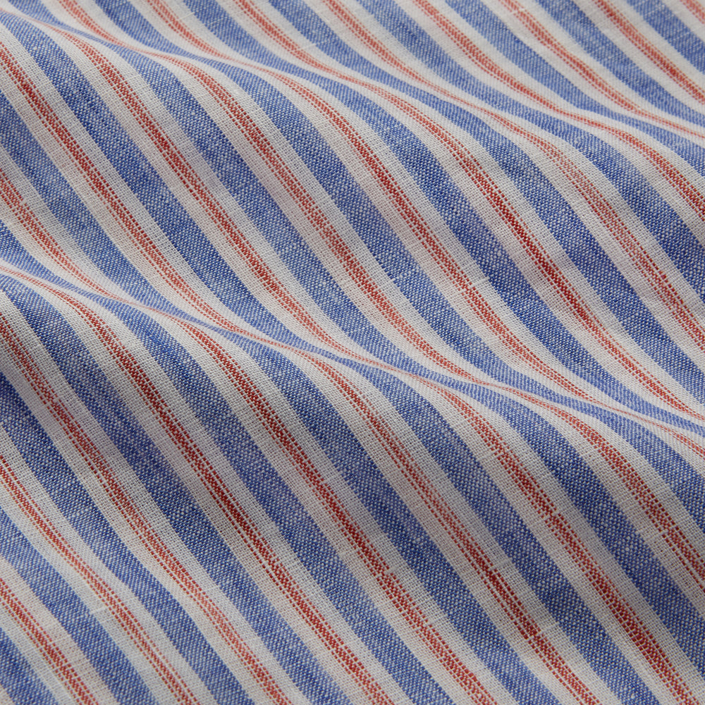 The Turnbull & Asser Blue & Red Linen Stripe Weekend Fit Shirt features a stand collar, vertical stripes, and two chest pockets with button flaps—perfect for casual style.