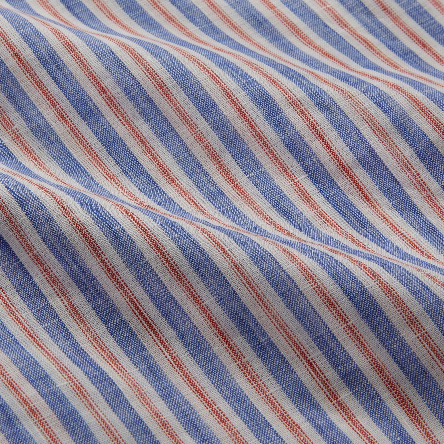 View 4 of product The Turnbull & Asser Blue & Red Linen Stripe Weekend Fit Shirt features a stand collar, vertical stripes, and two chest pockets with button flaps—perfect for casual style.