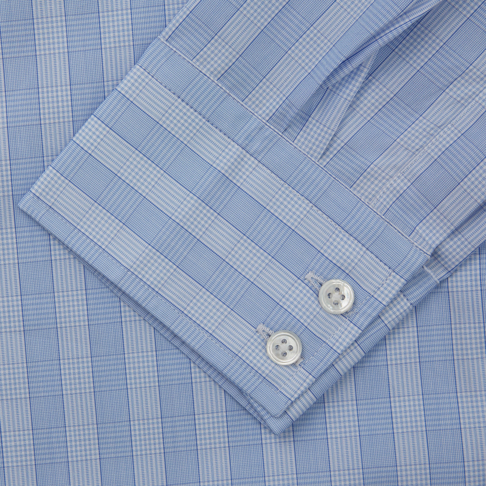 The Tonal Blue Glen Check Tailored Fit Shirt by Turnbull & Asser features a Kent collar and white buttons, crafted from fine Italian cotton poplin for a refined look. Displayed flat on a white background.