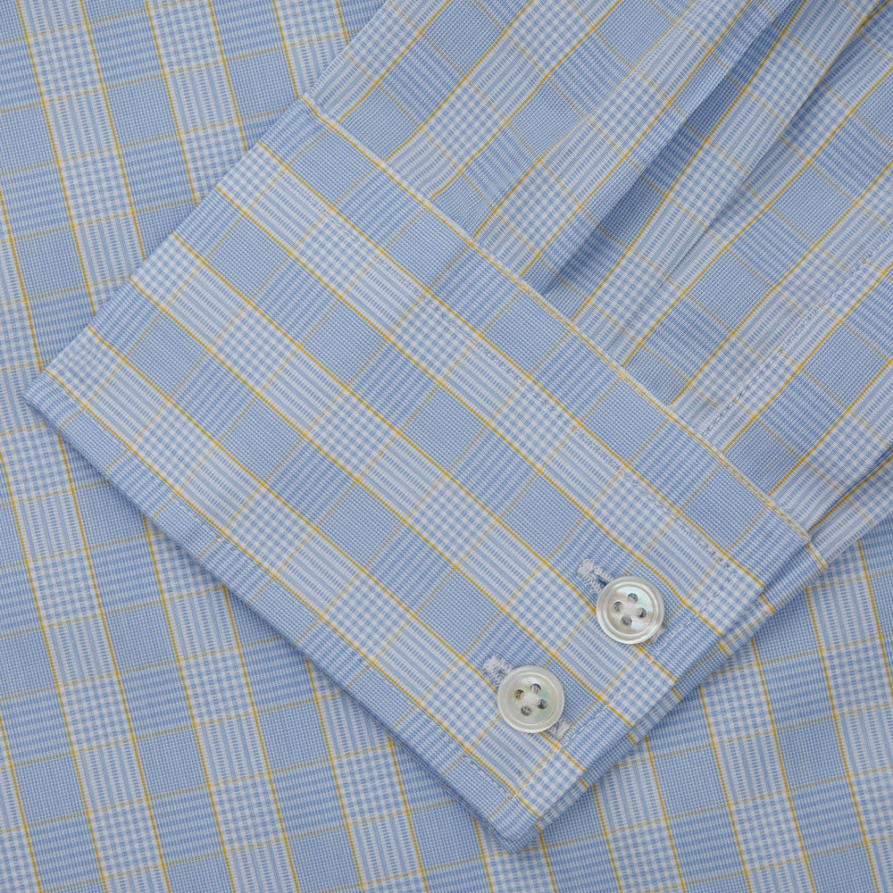 A Yellow and Blue Glen Check Tailored Fit Shirt by Turnbull & Asser, featuring a Kent collar, displayed flat on a white background.