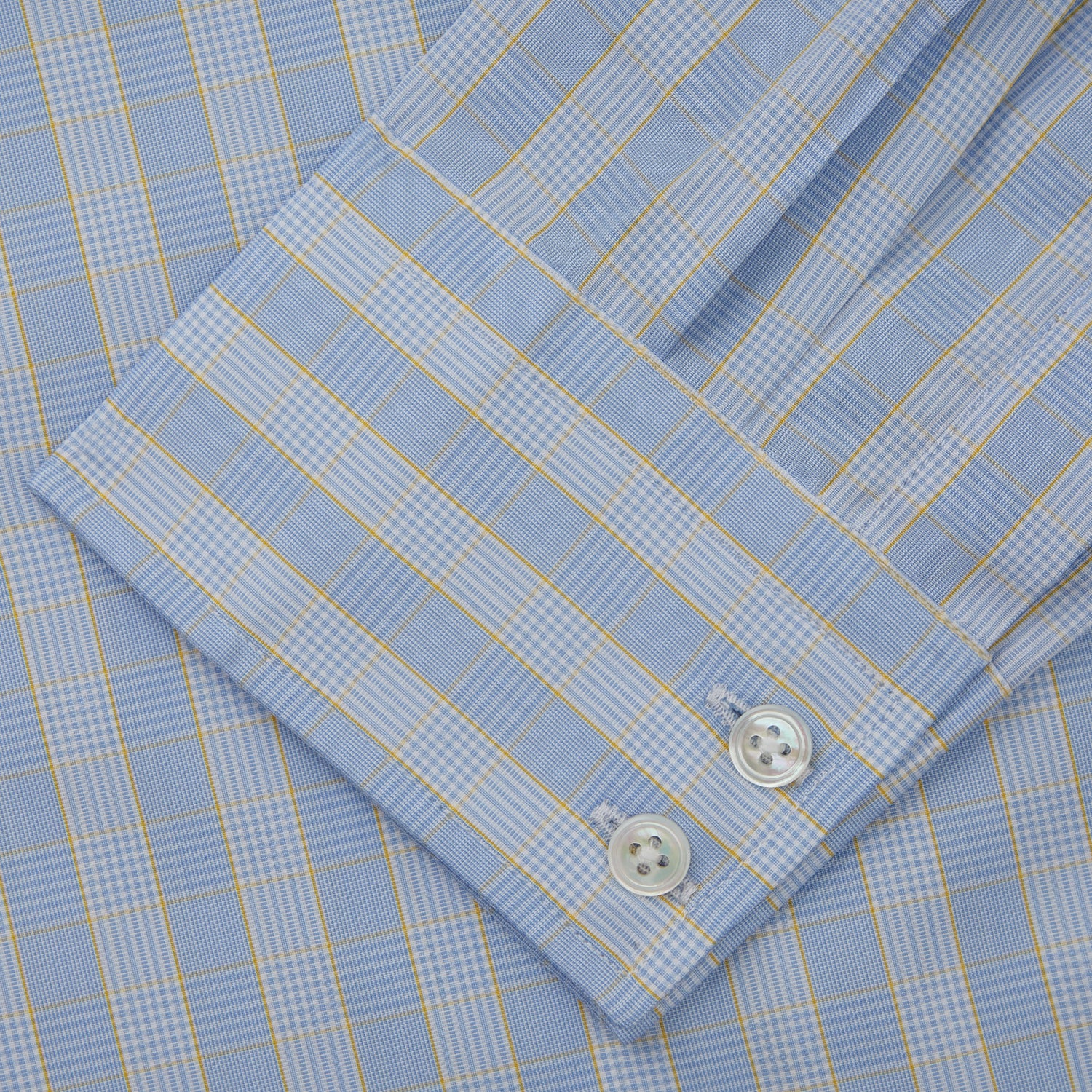 View 4 of product A Yellow and Blue Glen Check Tailored Fit Shirt by Turnbull & Asser, featuring a Kent collar, displayed flat on a white background.