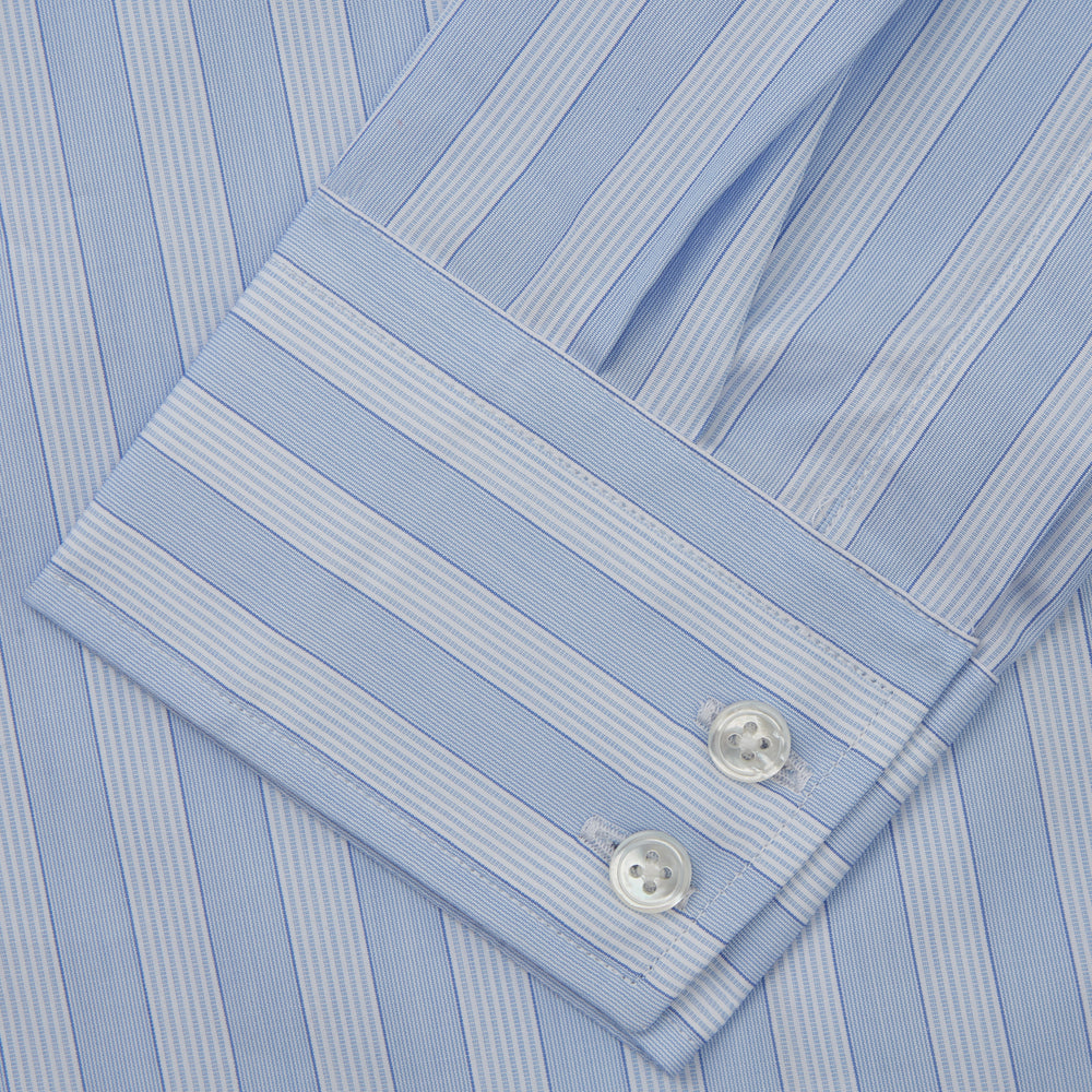 The Turnbull & Asser Tonal Blue Stripe Tailored Fit Shirt with Kent Collar features long sleeves and a button-up front, shown laid flat against a white background.