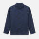 The Turnbull & Asser Navy Cotton-Linen Remy Chore Jacket features a collar, long sleeves, button closure, and three front pockets—a versatile minimalist essential for any men's wardrobe, shown laid flat on a white background.