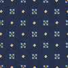 View 3 of product The Turnbull & Asser Navy Floral Emblem Tie displays a repeating pattern of small light blue, white, and yellow floral and diamond motifs, highlighting refined elegance, shown rolled up on a white background.