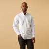 View 7 of product The Turnbull & Asser Pale Blue Stripe Weekend Fit Hayne Shirt features a Dorset collar, 1-button cuffs, and is displayed flat on a white background—ideal for those seeking our relaxed Weekend Fit style.