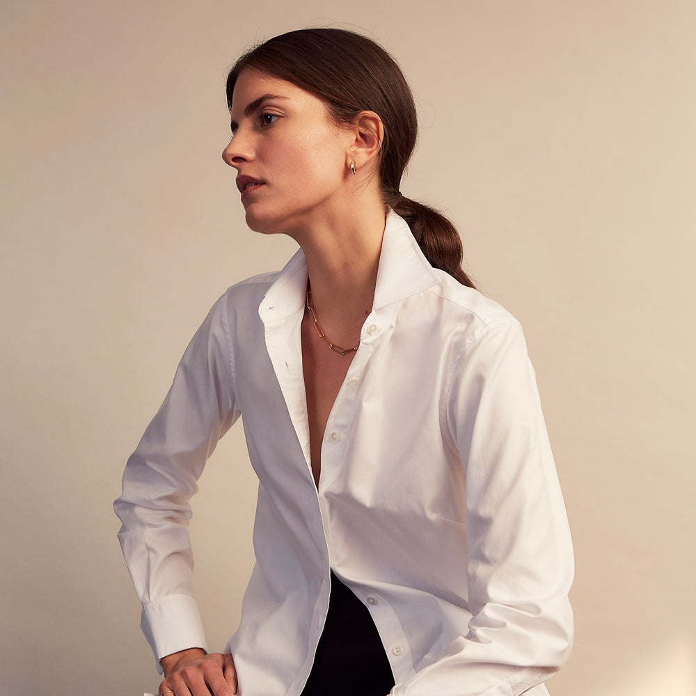 The Turnbull and The Deck White Cotton Traditionalist Shirt by Turnbull & Asser features a classic collar, buttoned front and cuffs, and a refined Royal Oxford weave, shown on a plain light gray background.