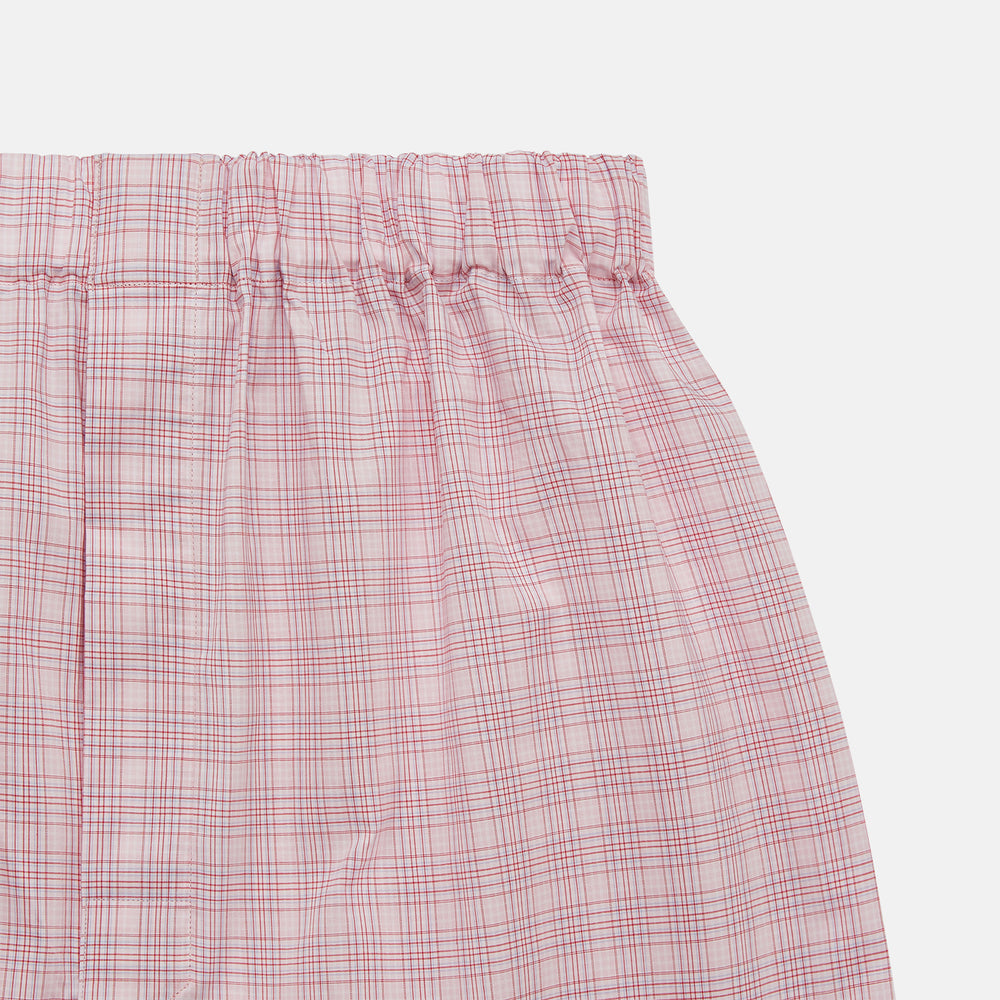 Turnbull & Asser Pink Multi Check Cotton Godfrey Boxer Shorts with an elastic waistband, shown flat against a white background.