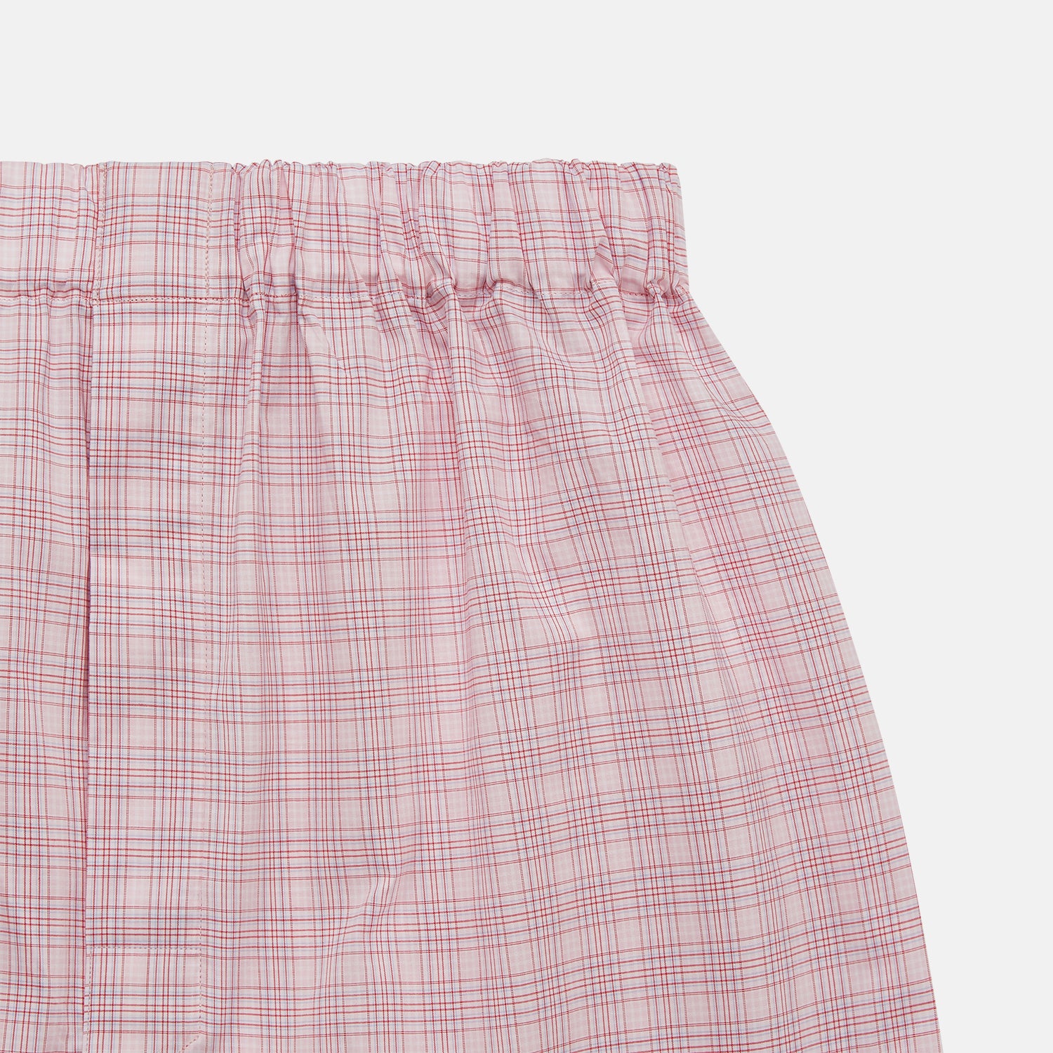 View 2 of product Turnbull & Asser Pink Multi Check Cotton Godfrey Boxer Shorts with an elastic waistband, shown flat against a white background.