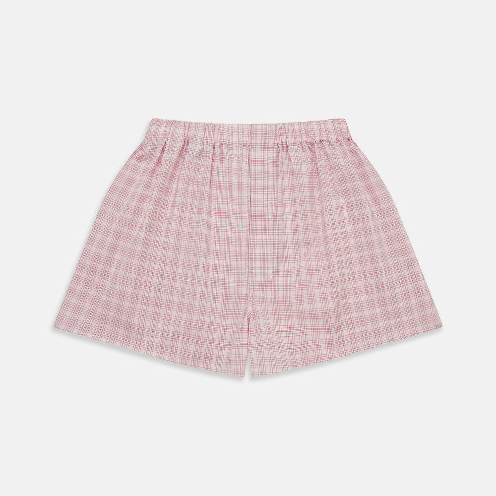 Turnbull & Asser Pink Multi Check Cotton Godfrey Boxer Shorts with an elastic waistband, shown flat against a white background.