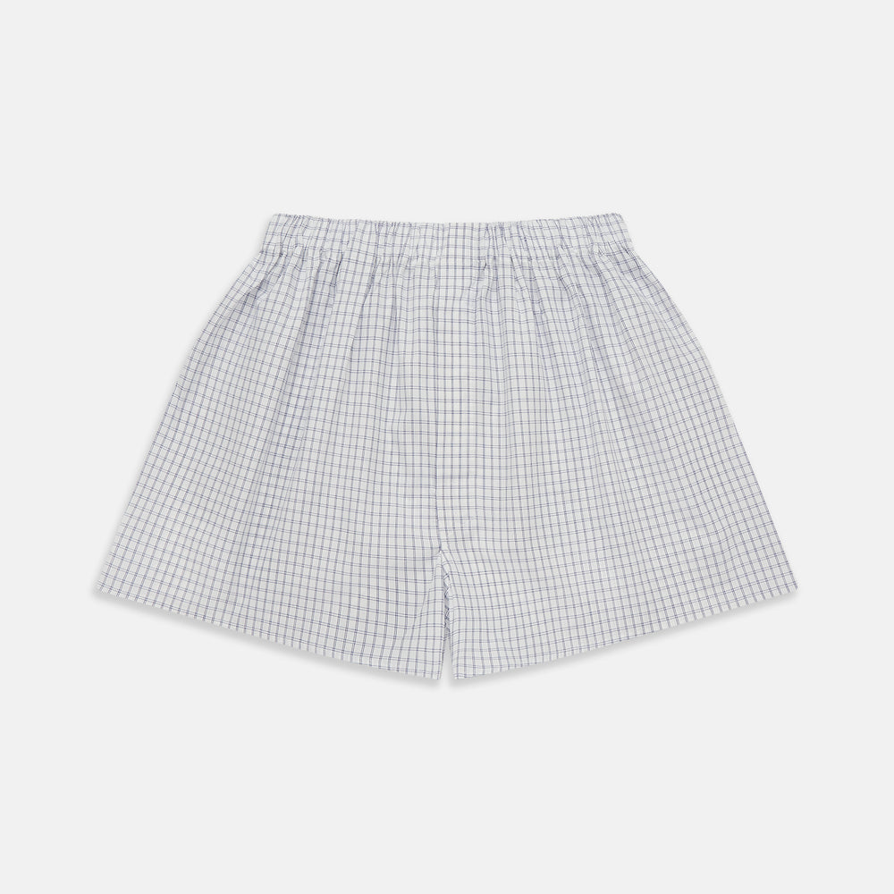 Turnbull & Asser White and Blue Check Cotton Godfrey Boxer Shorts: loose-fitting luxury cotton boxers with a blue check pattern and elastic waistband, shown on a plain white background.