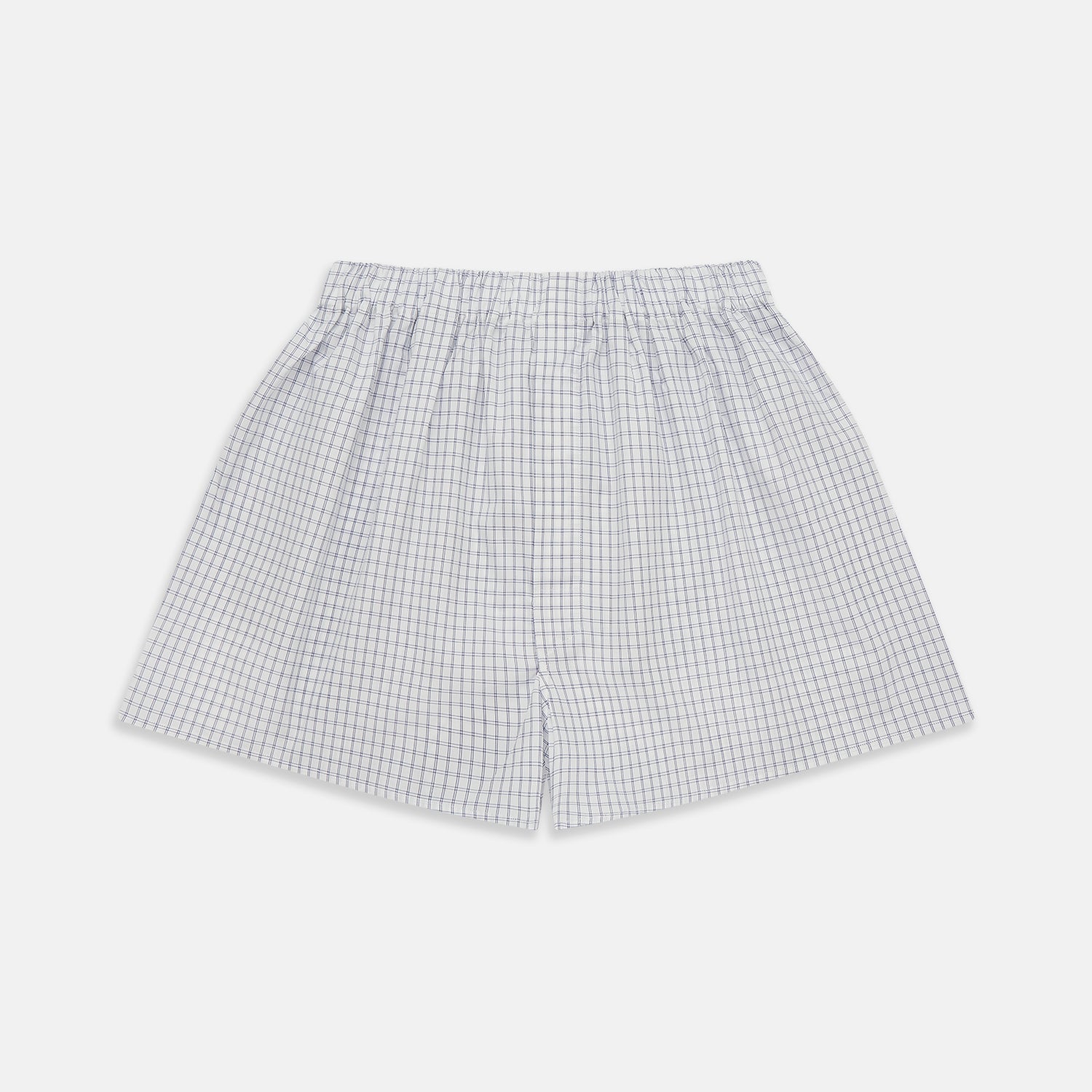View 1 of product Turnbull & Asser White and Blue Check Cotton Godfrey Boxer Shorts: loose-fitting luxury cotton boxers with a blue check pattern and elastic waistband, shown on a plain white background.