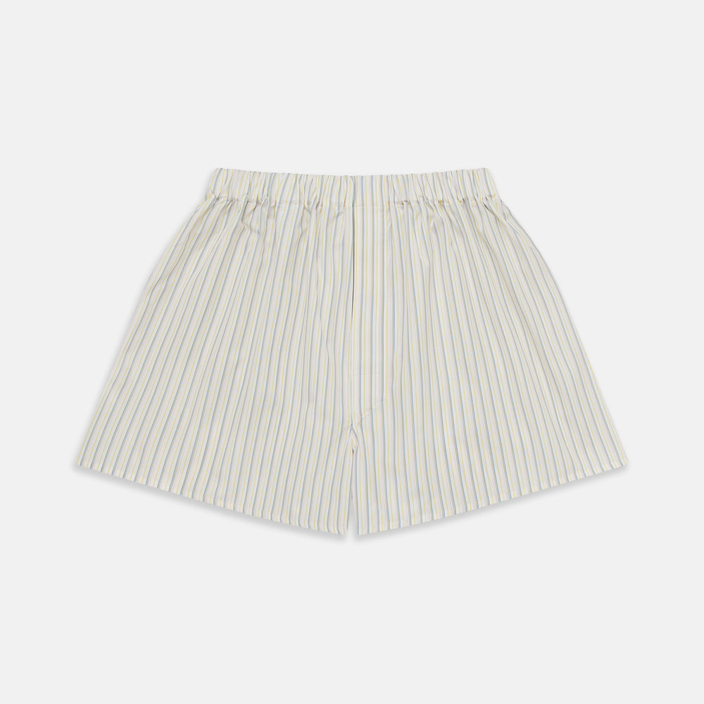 Turnbull & Asser Yellow and Green Stripe Godfrey Boxer Shorts, crafted from soft cotton with an elasticated waistband, are displayed flat on a light gray background.