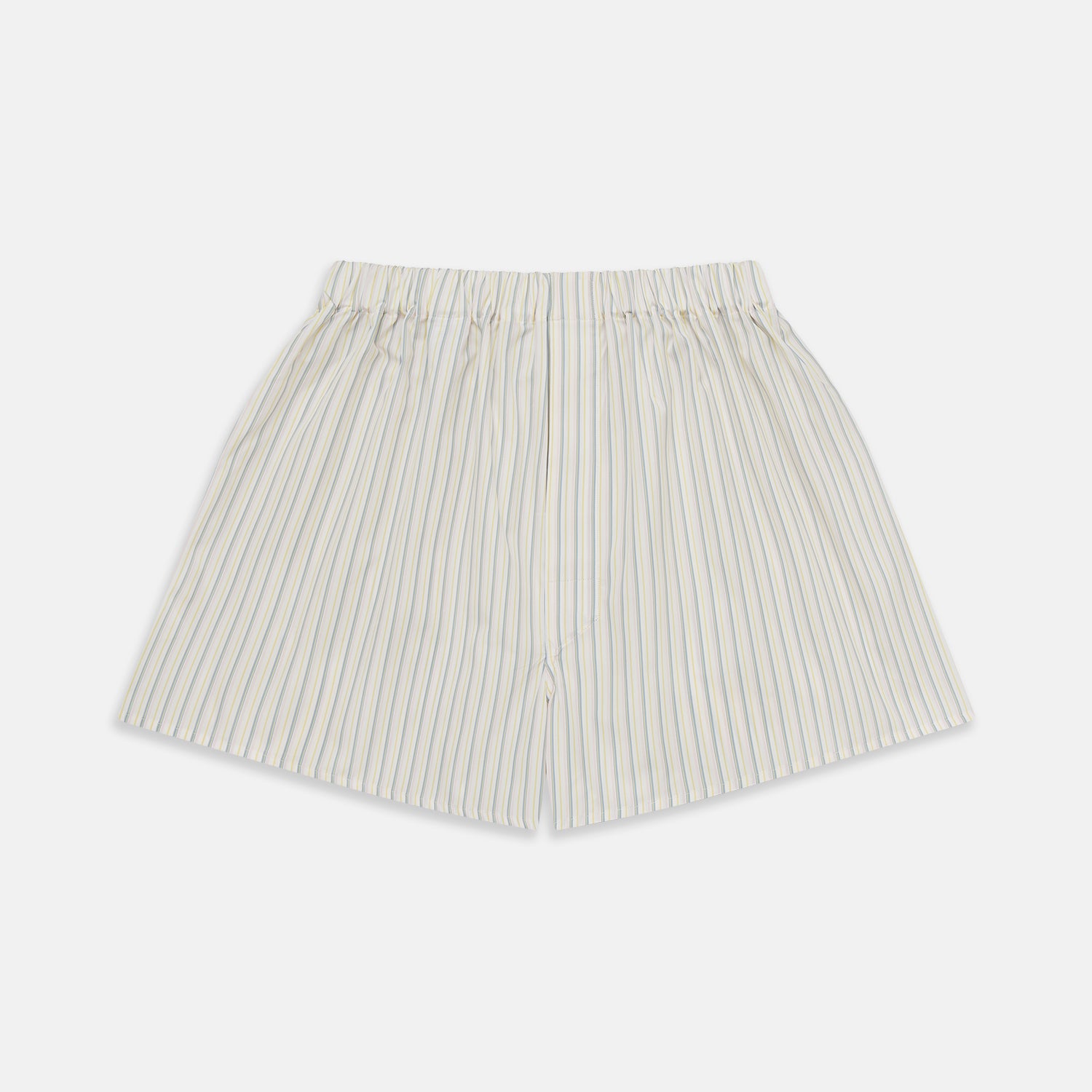 View 1 of product Turnbull & Asser Yellow and Green Stripe Godfrey Boxer Shorts, crafted from soft cotton with an elasticated waistband, are displayed flat on a light gray background.