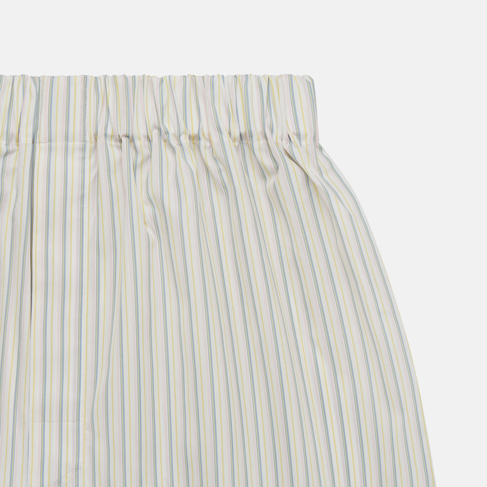 Turnbull & Asser Yellow and Green Stripe Godfrey Boxer Shorts, crafted from soft cotton with an elasticated waistband, are displayed flat on a light gray background.