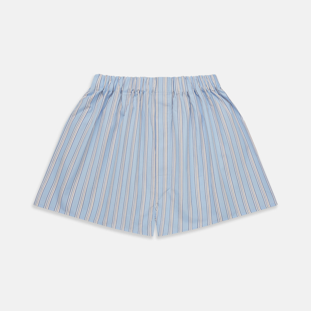 Turnbull & Asser Pale Blue Multi Striped Cotton Godfrey Boxer Shorts, featuring an elastic waistband and vertical white and navy stripes, laid flat on a plain white background.